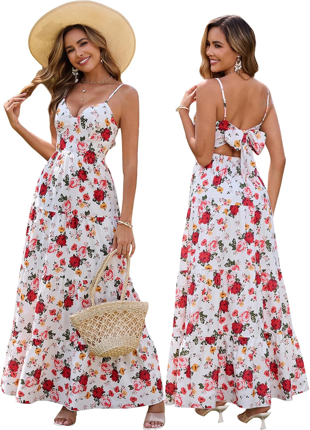 HTZMO Women Summer Floral Maxi Sundress Boho Beach Long Dress | Wedding Guest Bridal baby Shower Vacation Party Dresses 2026, Bow Tie A Line Flowy V Neck Spaghetti Strap