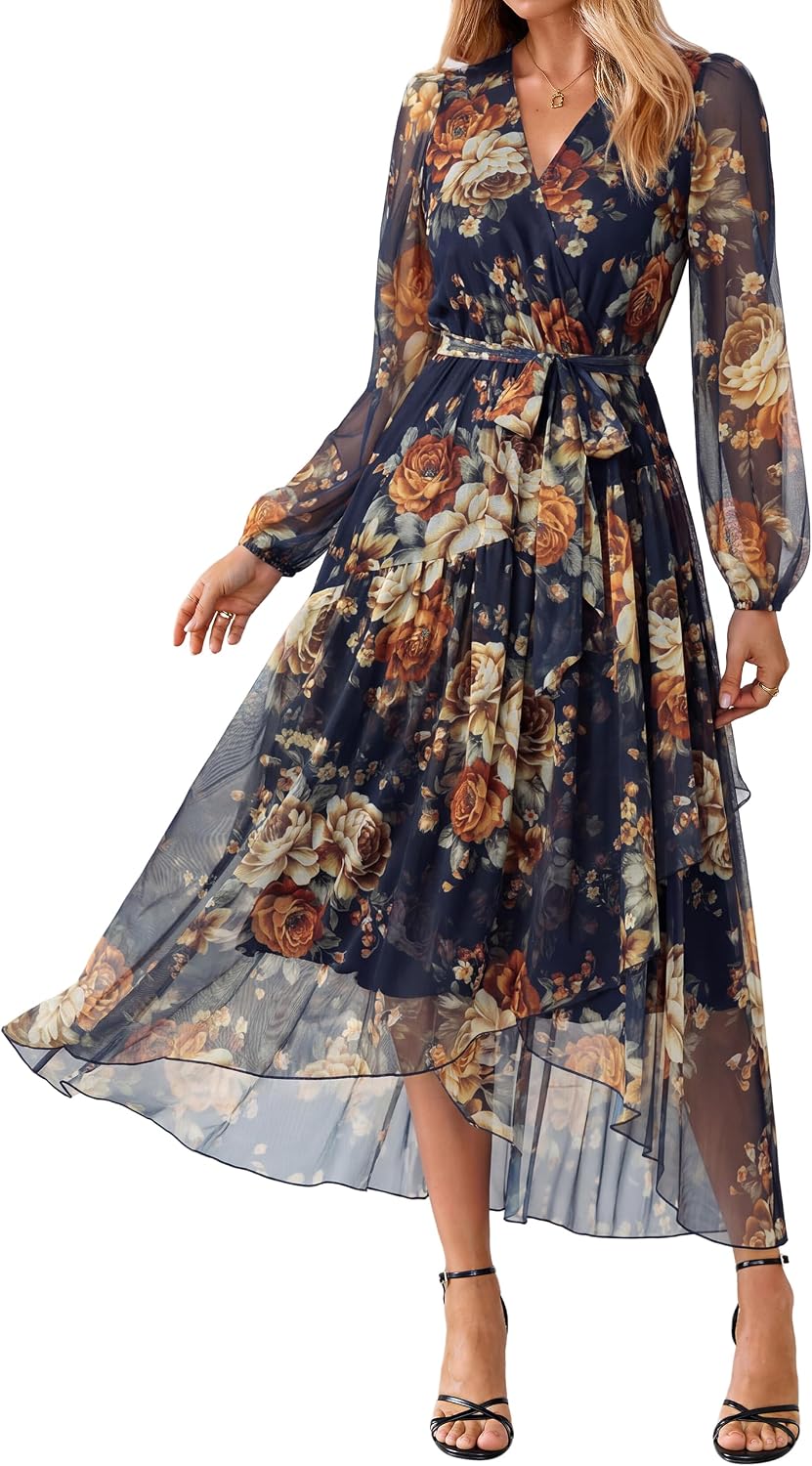 Simplee Women's Floral Long Sleeve Mesh Wedding Guest Maxi Dress | Fall V Neck Faux Wrap, Elegant Flowy A Line High Low Hem, Sheer Sleeve, Formal Tea Party Midi Dress