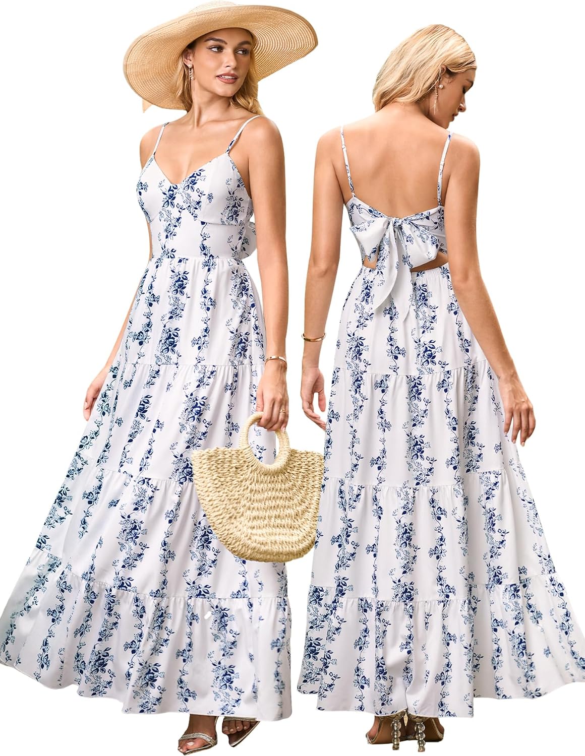 HTZMO Women Summer Floral Maxi Sundress Boho Beach Long Dress | Wedding Guest Bridal baby Shower Vacation Party Dresses 2026, Bow Tie A Line Flowy V Neck Spaghetti Strap