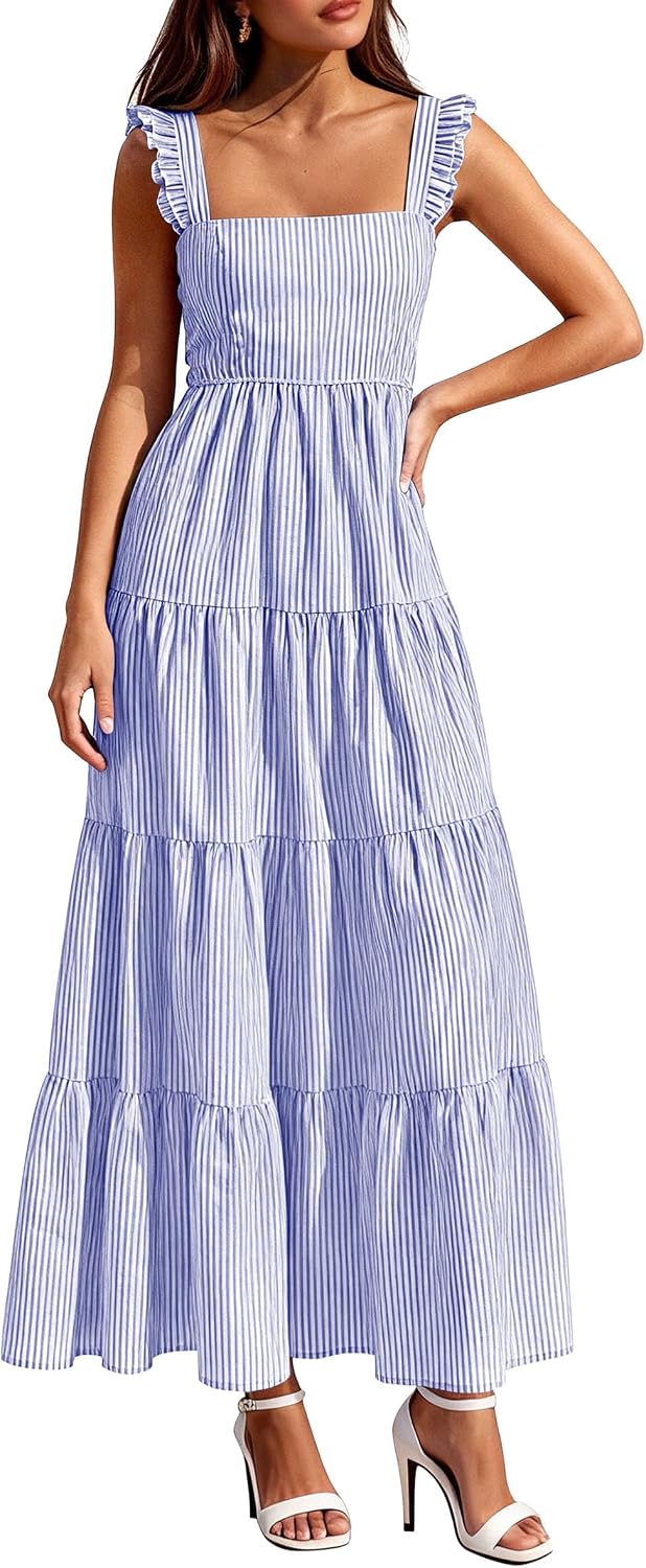 PRETTYGARDEN Women's Summer Striped Maxi Sun Dresses | Sleeveless Square Neck, Flowy Long, Back Smocked, Fit and Flare, Tiered A Line, Pockets, Casual Boho, Beach Vacation Clothes