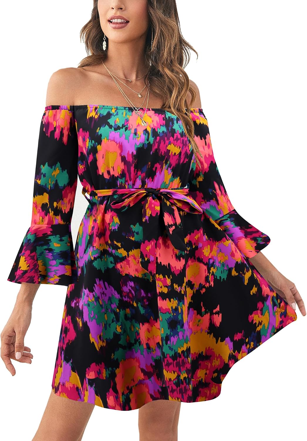JECEIKA Fall Dress for Women, Off Shoulder Spring Dress for Wedding Guest | Ruffle Long Sleeves Fitted Bust Midi Dress,with Belt,for Mother's Day,Thanksgiving,Wedding Guest,Graduation,Valentine's Day