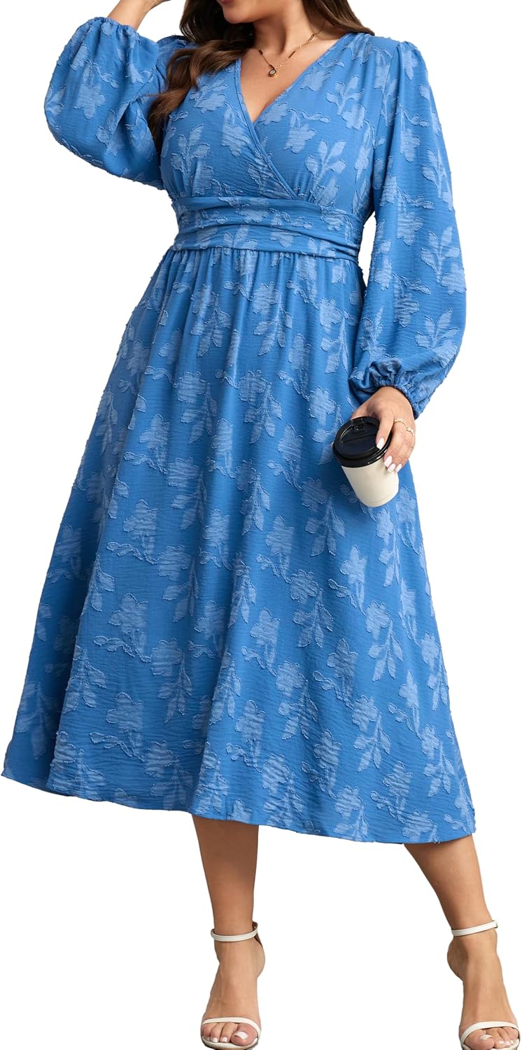 RWJ Women's Plus Size Fall Wedding Guest Dress V Neck Swiss Dot Long Sleeve | Semi Formal, Business Casual, Daily, Cocktail Party, Graduation, Homecoming, Evening, Date, Special Event, Funeral, Festive