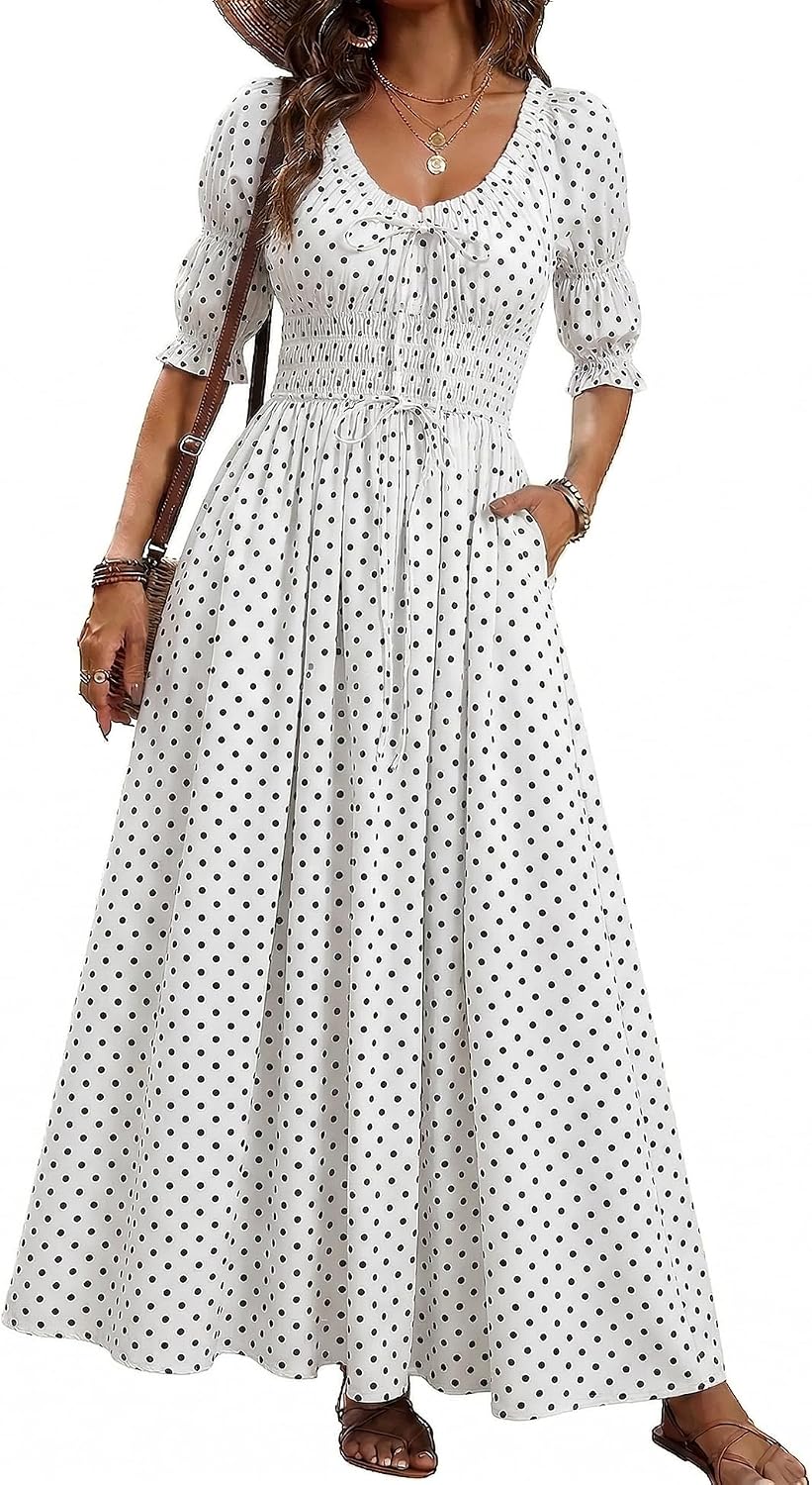 LEYRASON Women's Boho Floral Puff Sleeve Maxi Dress with Pockets | Scoop Neck Short Sleeve, A Line, Smocked Tie Long Flowy Dresses, Beach Vacation, Wedding Guest, Spring Summer Fall Outfits