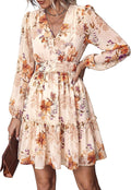 PRETTYGARDEN Women Floral Long Sleeve Mini Dress Fall Wedding Guest Dresses | Short Chiffon Dress, Boho Style, V Neck, Fit & Flare, Ruffle A-Line, Elegant Holiday Party, Baby Shower, Date Night Outfits