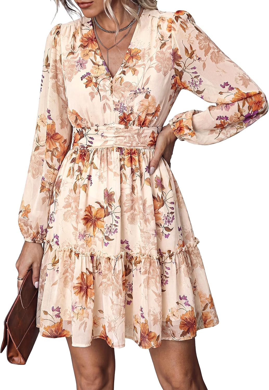 PRETTYGARDEN Women Floral Long Sleeve Mini Dress Fall Wedding Guest Dresses | Short Chiffon Dress, Boho Style, V Neck, Fit & Flare, Ruffle A-Line, Elegant Holiday Party, Baby Shower, Date Night Outfits