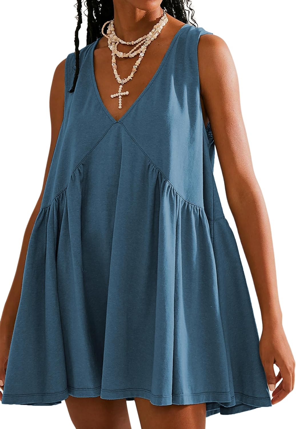 Tomosc Sleeveless Mini Dress for Women 2026 Summer Casual V Neck Sundress Loose Babydoll Dress with Pockets