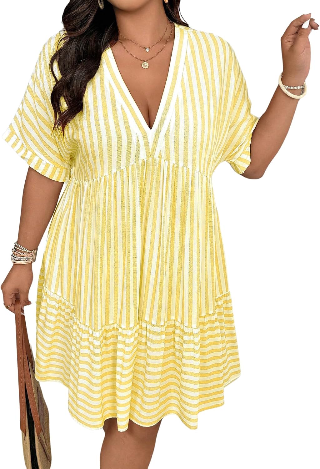 SOLY HUX Women's Plus Size Summer Striped Half Sleeve Ruffle Babydoll Dress | Deep V Neck, Flowy, Vacation, Beach Dress