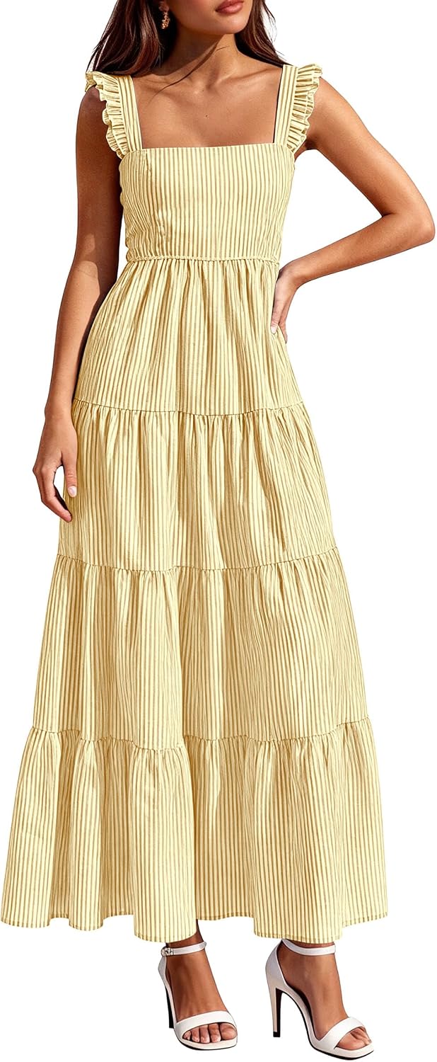 PRETTYGARDEN Women's Summer Striped Maxi Sun Dresses | Sleeveless Square Neck, Flowy Long, Back Smocked, Fit and Flare, Tiered A Line, Pockets, Casual Boho, Beach Vacation Clothes