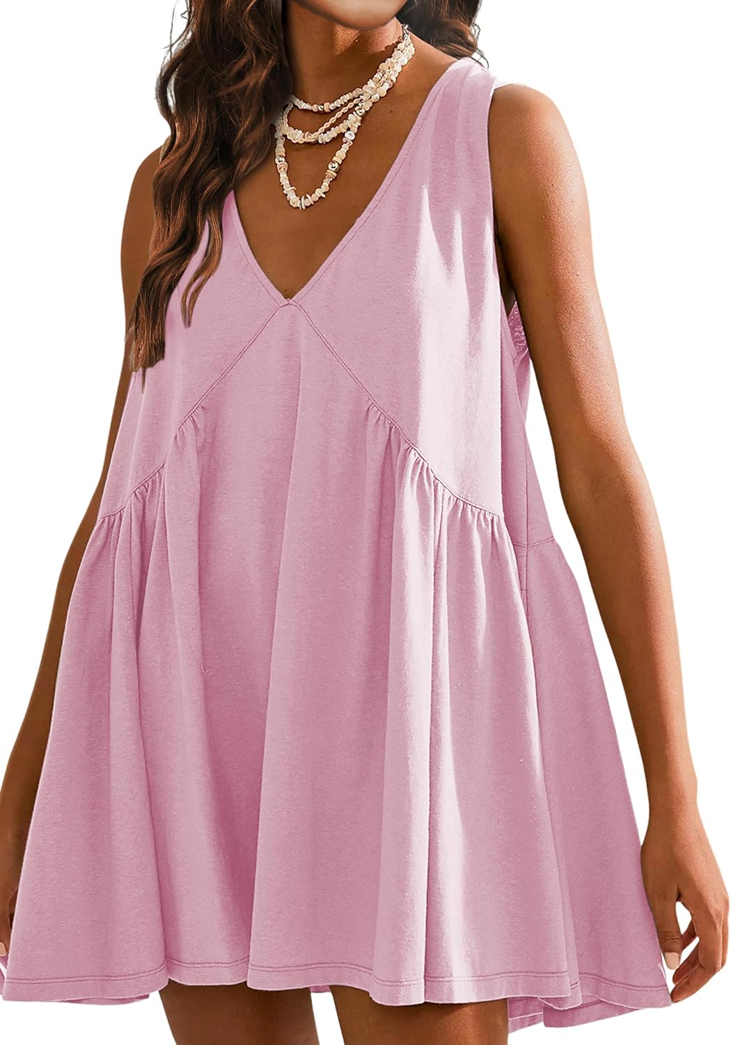 Tomosc Sleeveless Mini Dress for Women 2026 Summer Casual V Neck Sundress Loose Babydoll Dress with Pockets