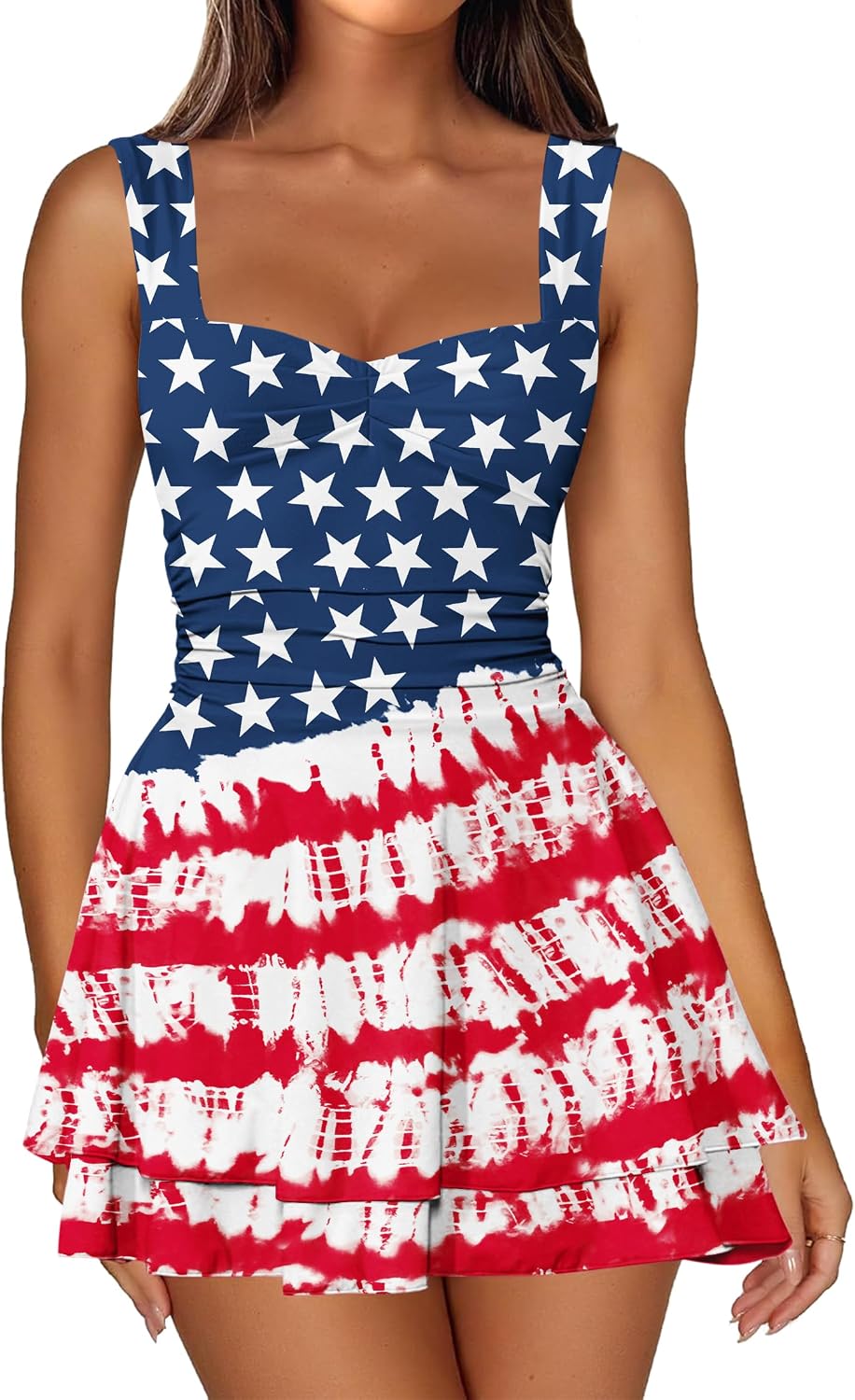 IWD Women's Square Neck Sleeveless Mini Dress Corset A Line Short Dresses | Ruched Waist Flowy Tiered Ruffle Hem Party Dresses