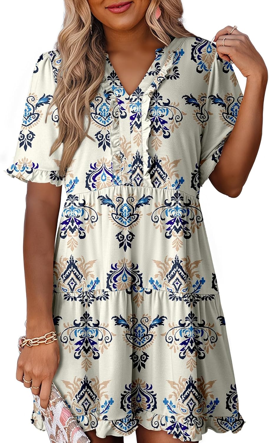 Dokotoo Womens A Line Babydoll Casual Summer Dresses with Pockets | Short Sleeve, V Neck, Hide Tummy, Cute Flowy Western Dress, Mini Short Casual Dress for Graduation Party Date Night Teacher