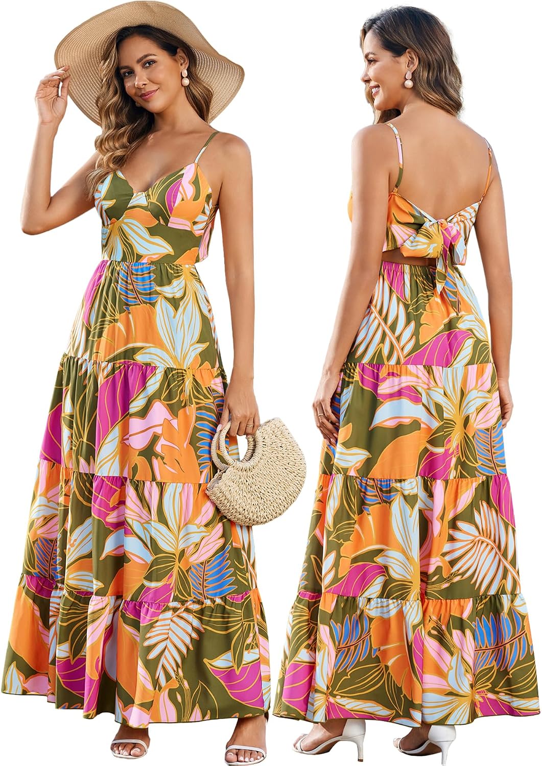 HTZMO Women Summer Floral Maxi Sundress Boho Beach Long Dress | Wedding Guest Bridal baby Shower Vacation Party Dresses 2026, Bow Tie A Line Flowy V Neck Spaghetti Strap