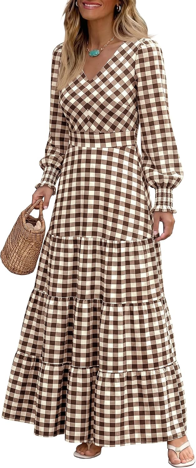 Caracilia Womens Long Sleeve Gingham Striped Flowy A-Line Fall Maxi Dress | Casual Smocked Church Dresses,Cuff Sleeve Pockets,Soft Lightweight V Neck Tiered, Boho Daily Wear,Travel Vacation Clothes