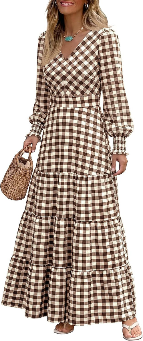 Caracilia Womens Long Sleeve Gingham Striped Flowy A-Line Fall Maxi Dress | Casual Smocked Church Dresses,Cuff Sleeve Pockets,Soft Lightweight V Neck Tiered, Boho Daily Wear,Travel Vacation Clothes