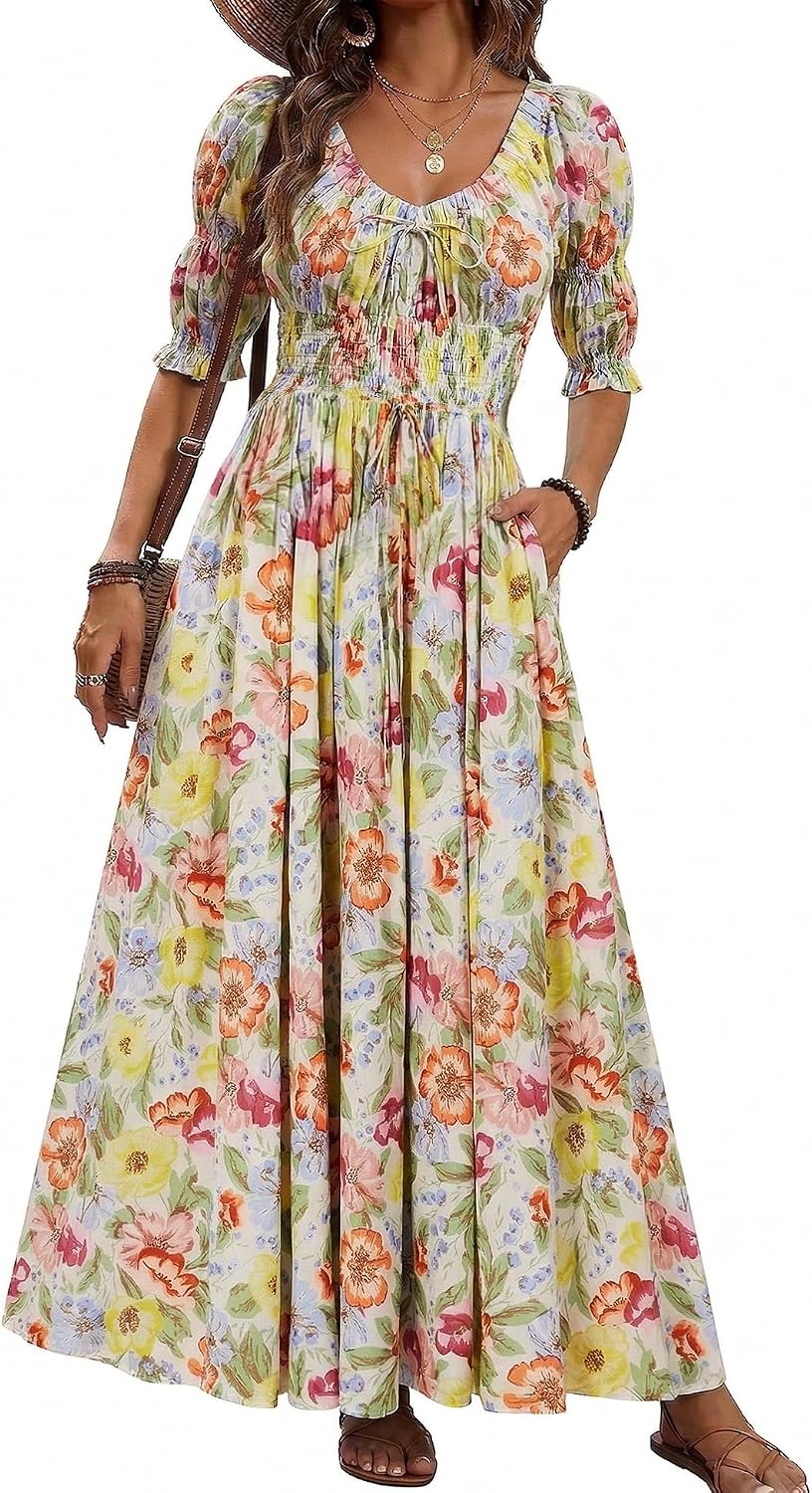 LEYRASON Women's Boho Floral Puff Sleeve Maxi Dress with Pockets | Scoop Neck Short Sleeve, A Line, Smocked Tie Long Flowy Dresses, Beach Vacation, Wedding Guest, Spring Summer Fall Outfits
