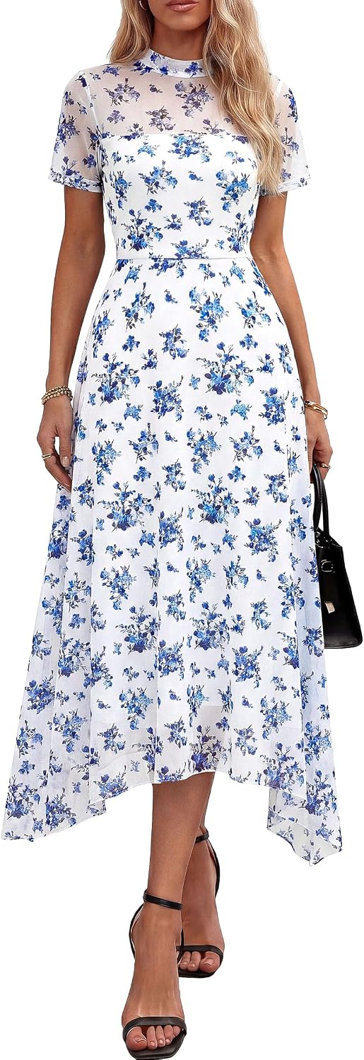 PRETTYGARDEN Women's Floral Mesh Midi Dress | Summer Wedding Guest Dresses,Short Sleeve Mock Neck A-Line,Semi-Sheer Overlay,Fit & Flare,Cocktail Party,Date Night Outfits