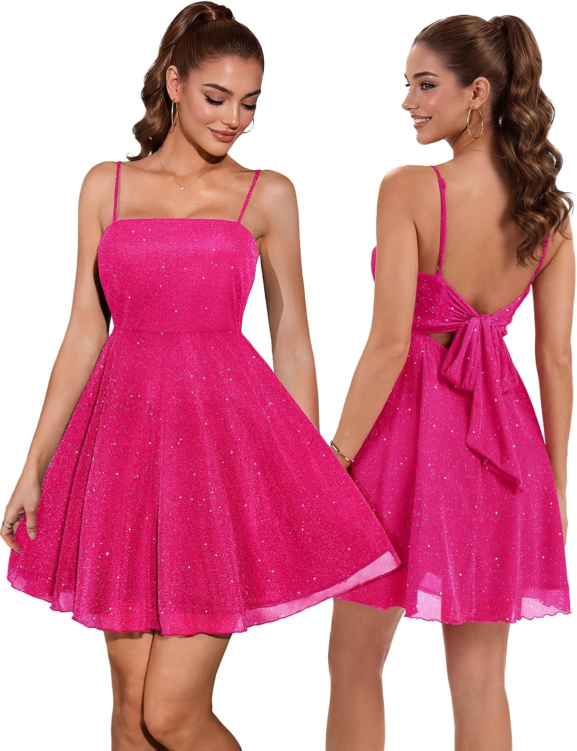 DRESSTELLS Sparkly Short Homecoming Dress, Bow Tie Back for Cocktail Party | 3-layer Puffy Aline, Fit Flare for Teens, Adjustable Straps, Semi formal for Women