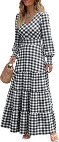 Caracilia Womens Long Sleeve Gingham Striped Flowy A-Line Fall Maxi Dress | Casual Smocked Church Dresses,Cuff Sleeve Pockets,Soft Lightweight V Neck Tiered, Boho Daily Wear,Travel Vacation Clothes