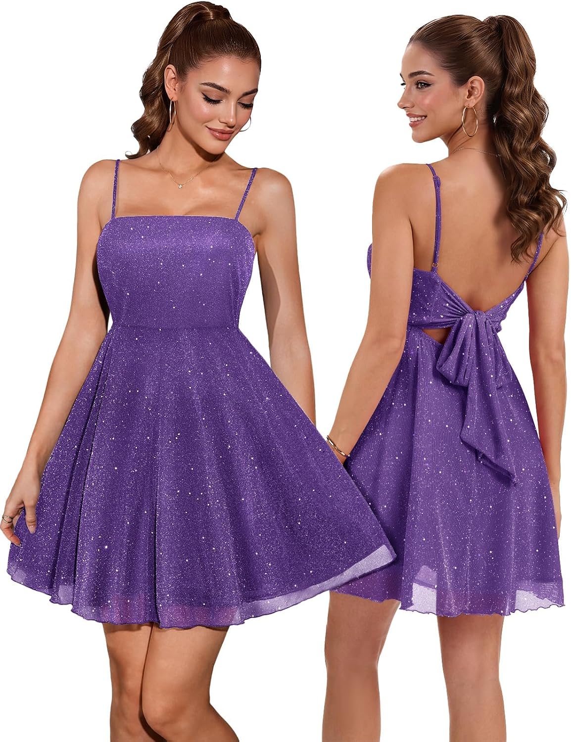 DRESSTELLS Sparkly Short Homecoming Dress, Bow Tie Back for Cocktail Party | 3-layer Puffy Aline, Fit Flare for Teens, Adjustable Straps, Semi formal for Women