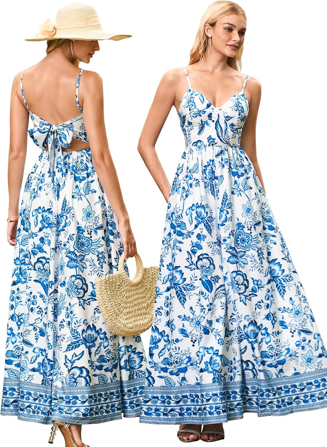 HTZMO Women Summer Floral Maxi Sundress Boho Beach Long Dress | Wedding Guest Bridal baby Shower Vacation Party Dresses 2026, Bow Tie A Line Flowy V Neck Spaghetti Strap
