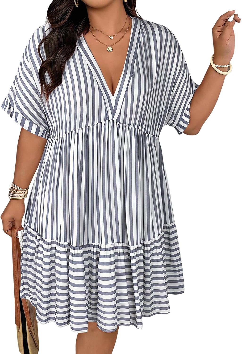 SOLY HUX Women's Plus Size Summer Striped Half Sleeve Ruffle Babydoll Dress | Deep V Neck, Flowy, Vacation, Beach Dress