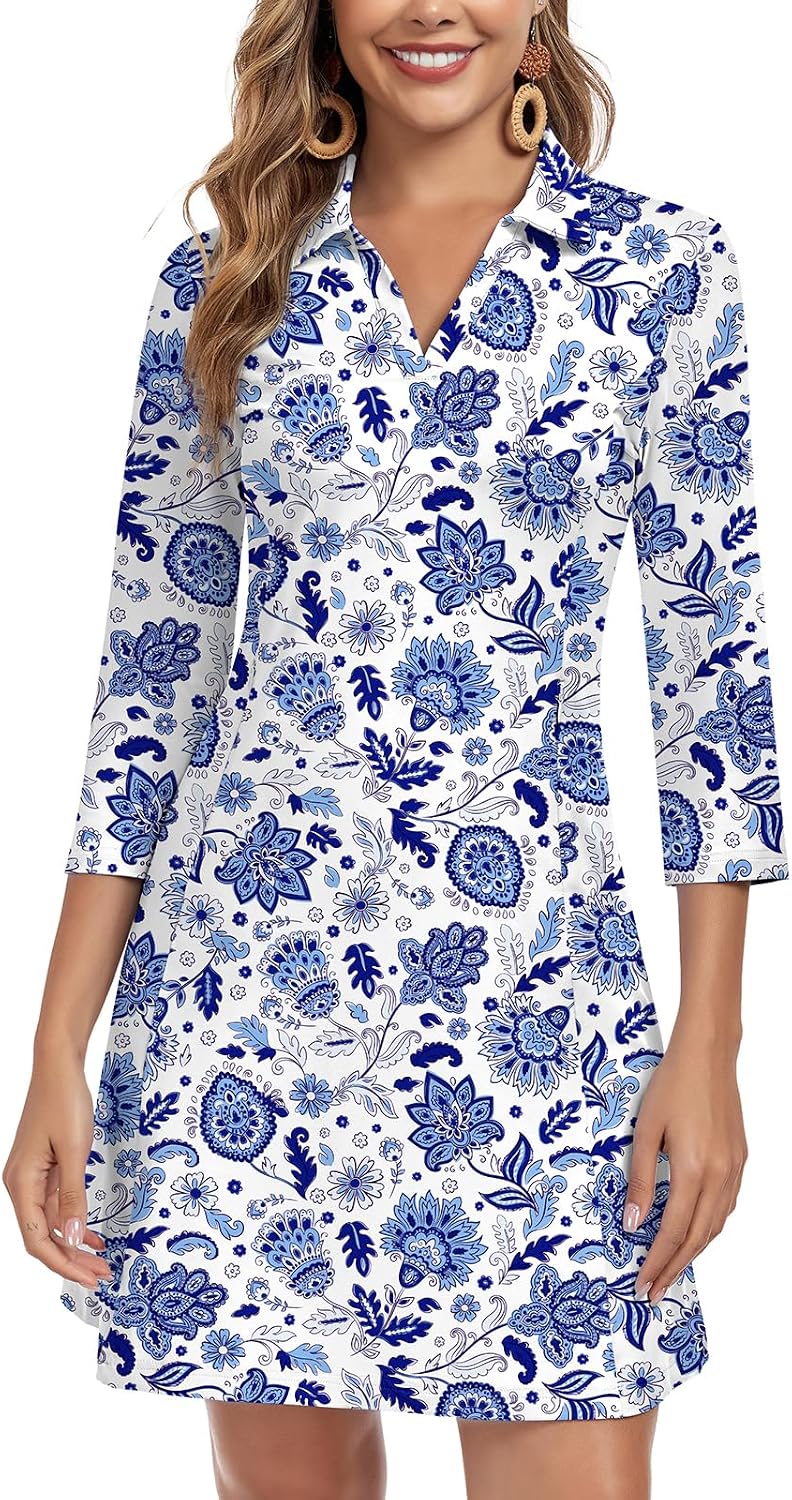 WOWENY 3\/4 Sleeve Dress for Women with Pockets V Neck UPF 50+ Casual Sun Dress Breathable Quick Dry Beach Vacation
