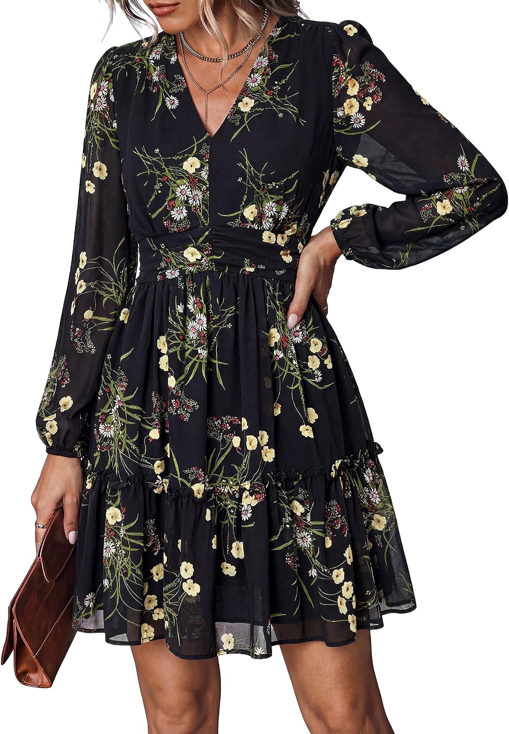 PRETTYGARDEN Women Floral Long Sleeve Mini Dress Fall Wedding Guest Dresses | Short Chiffon Dress, Boho Style, V Neck, Fit & Flare, Ruffle A-Line, Elegant Holiday Party, Baby Shower, Date Night Outfits