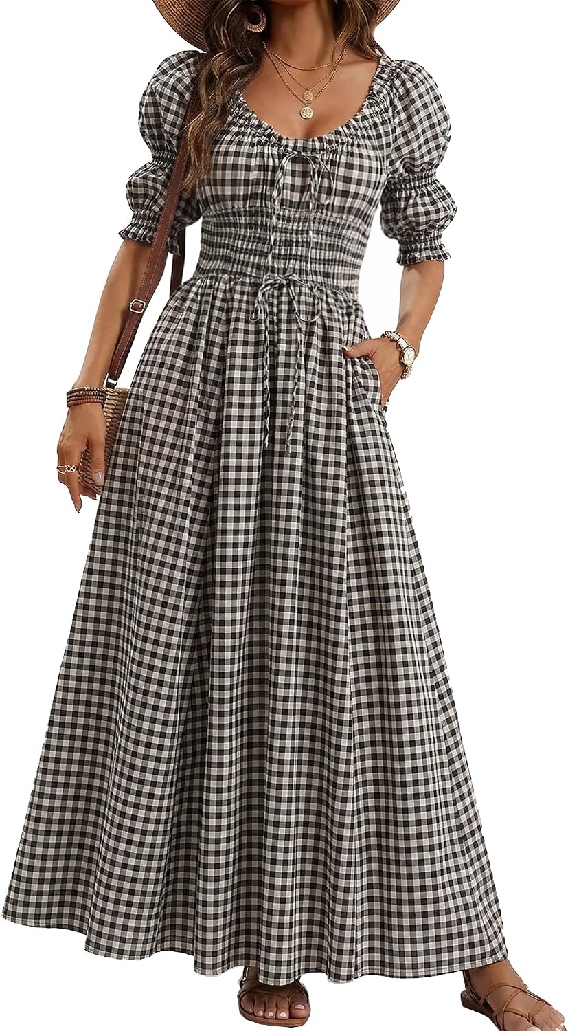 LEYRASON Women's Boho Floral Puff Sleeve Maxi Dress with Pockets | Scoop Neck Short Sleeve, A Line, Smocked Tie Long Flowy Dresses, Beach Vacation, Wedding Guest, Spring Summer Fall Outfits