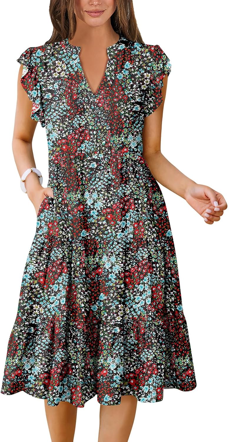 ANRABESS Womens Summer Dress Ruffle Sleeve V Neck Midi Dresses | Flowy Tiered Boho Beach Sundress, Casual Fit Knee Length, Fashion Vacation Work Outfits 2026