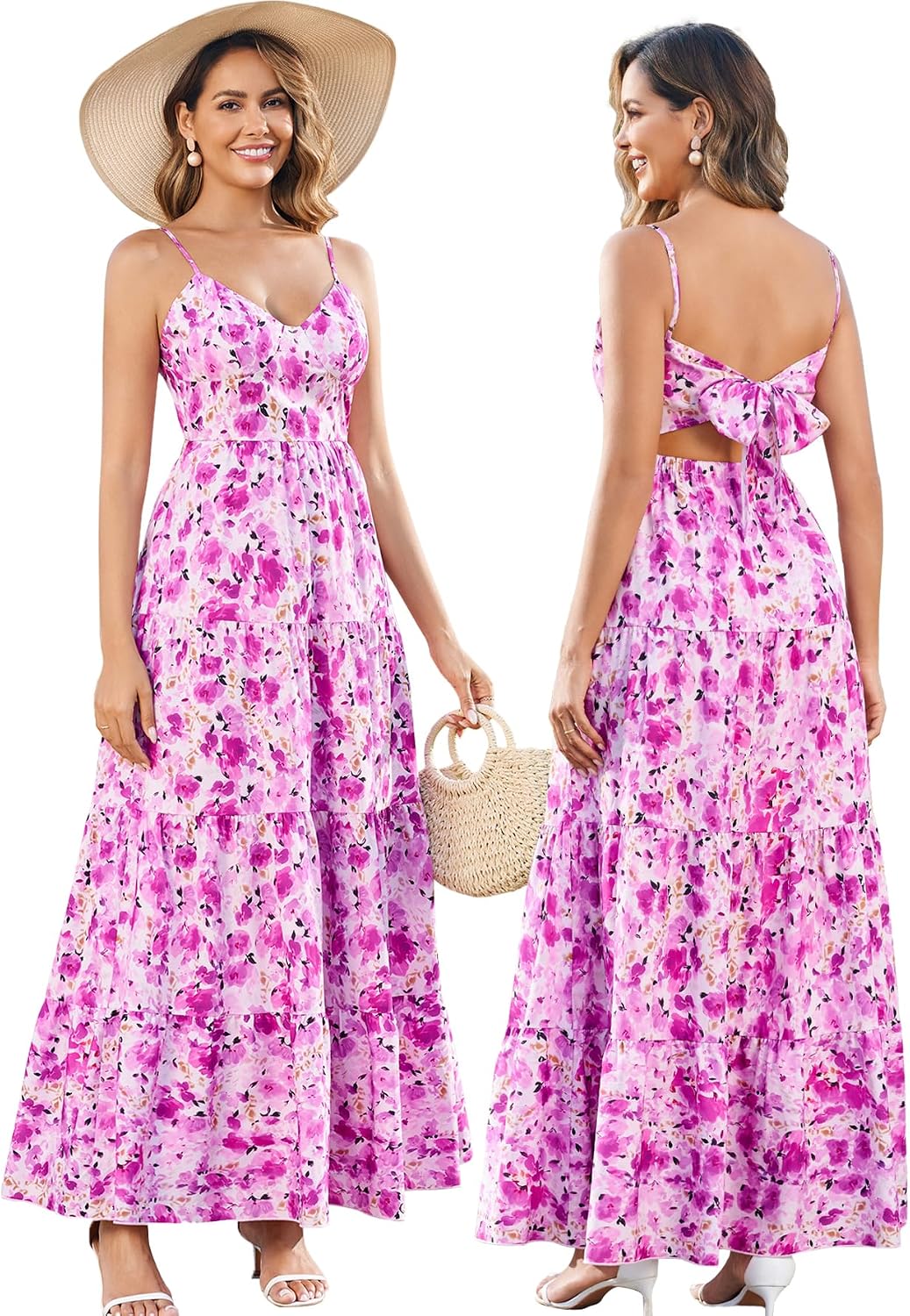 HTZMO Women Summer Floral Maxi Sundress Boho Beach Long Dress | Wedding Guest Bridal baby Shower Vacation Party Dresses 2026, Bow Tie A Line Flowy V Neck Spaghetti Strap