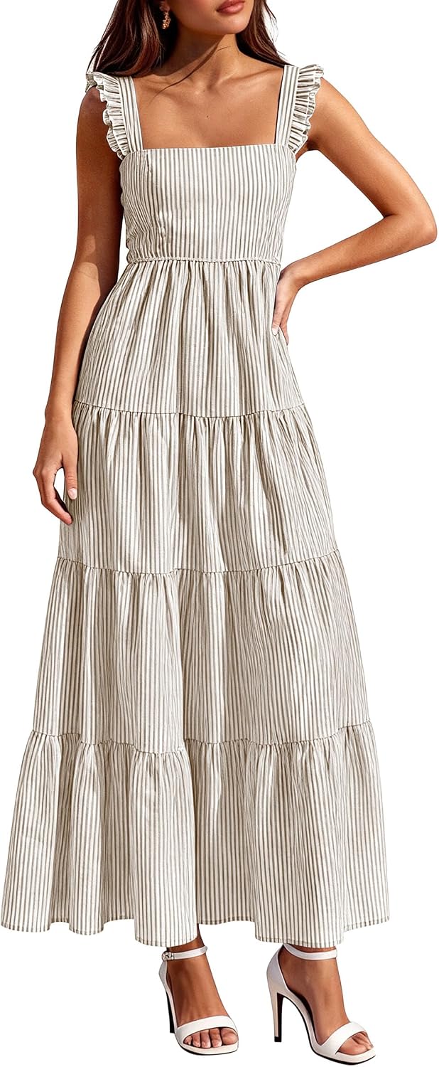 PRETTYGARDEN Women's Summer Striped Maxi Sun Dresses | Sleeveless Square Neck, Flowy Long, Back Smocked, Fit and Flare, Tiered A Line, Pockets, Casual Boho, Beach Vacation Clothes