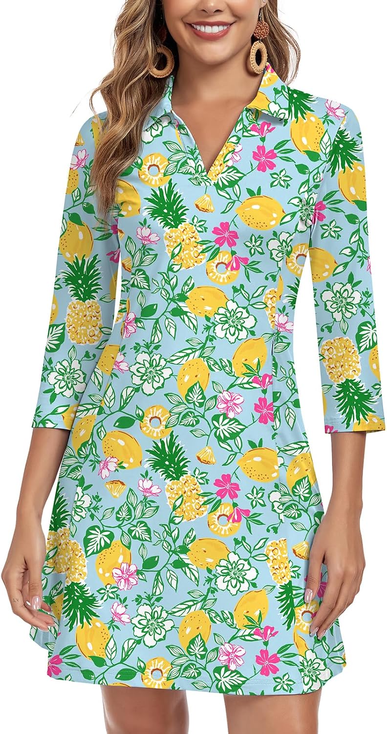 WOWENY 3\/4 Sleeve Dress for Women with Pockets V Neck UPF 50+ Casual Sun Dress Breathable Quick Dry Beach Vacation