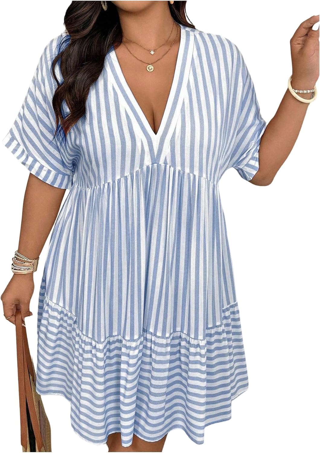 SOLY HUX Women's Plus Size Summer Striped Half Sleeve Ruffle Babydoll Dress | Deep V Neck, Flowy, Vacation, Beach Dress