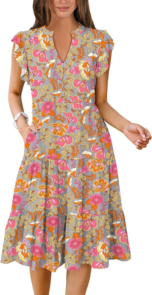 ANRABESS Womens Summer Dress Ruffle Sleeve V Neck Midi Dresses | Flowy Tiered Boho Beach Sundress, Casual Fit Knee Length, Fashion Vacation Work Outfits 2026
