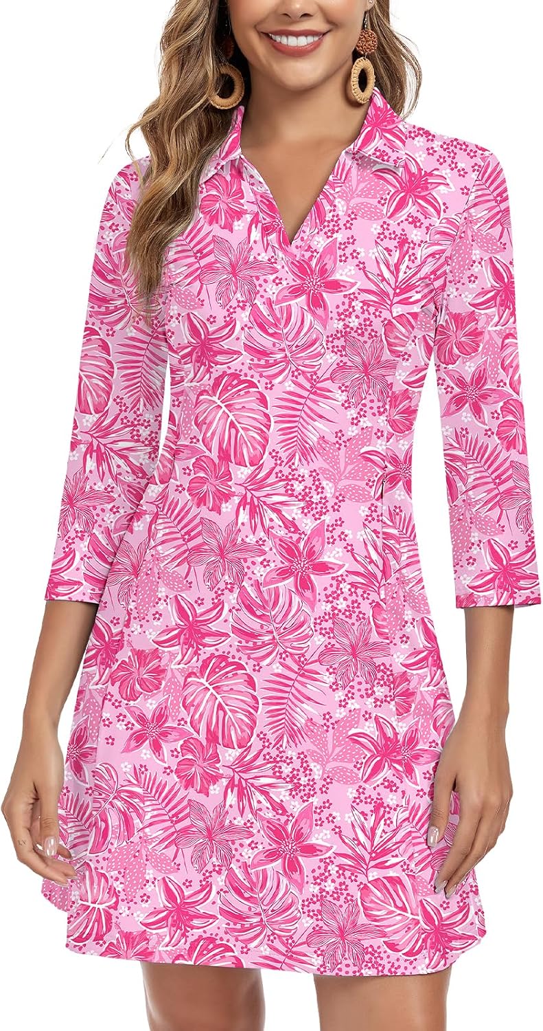 WOWENY 3\/4 Sleeve Dress for Women with Pockets V Neck UPF 50+ Casual Sun Dress Breathable Quick Dry Beach Vacation