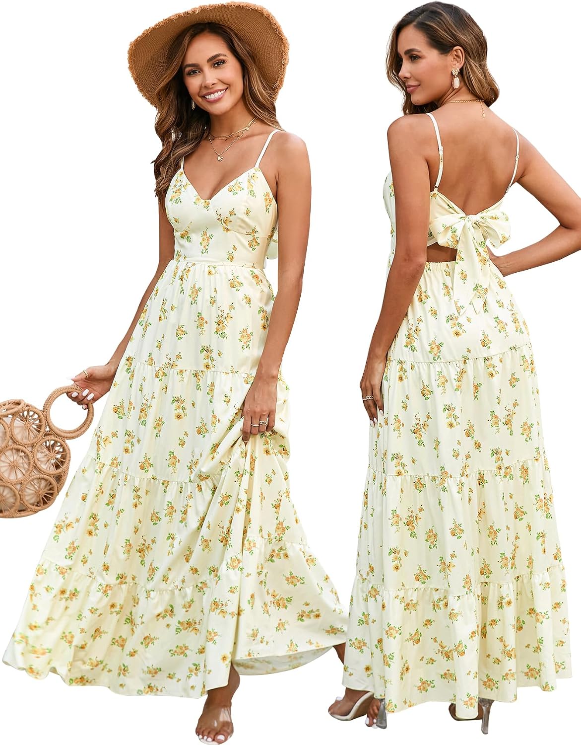 HTZMO Women Summer Floral Maxi Sundress Boho Beach Long Dress | Wedding Guest Bridal baby Shower Vacation Party Dresses 2026, Bow Tie A Line Flowy V Neck Spaghetti Strap