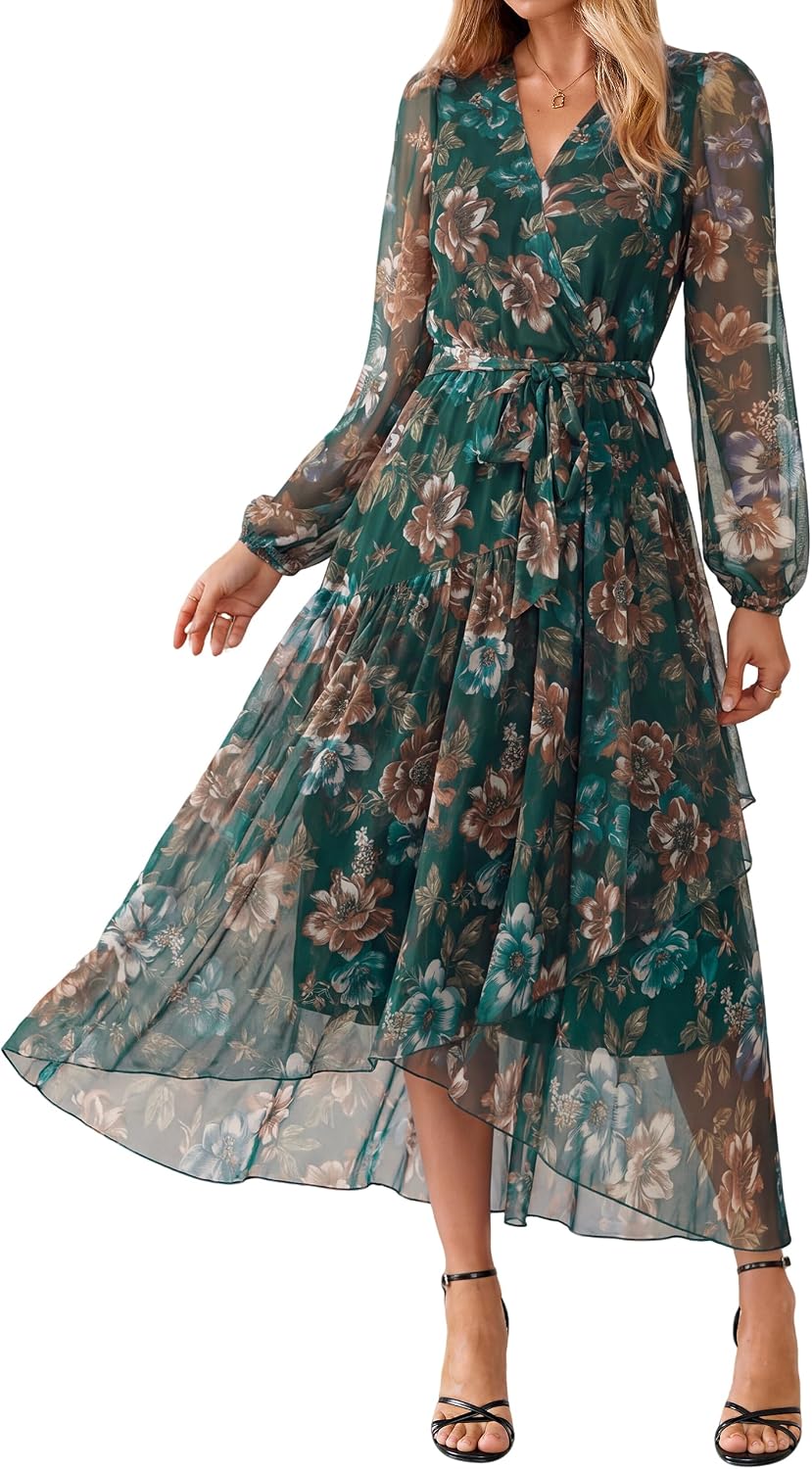 Simplee Women's Floral Long Sleeve Mesh Wedding Guest Maxi Dress | Fall V Neck Faux Wrap, Elegant Flowy A Line High Low Hem, Sheer Sleeve, Formal Tea Party Midi Dress