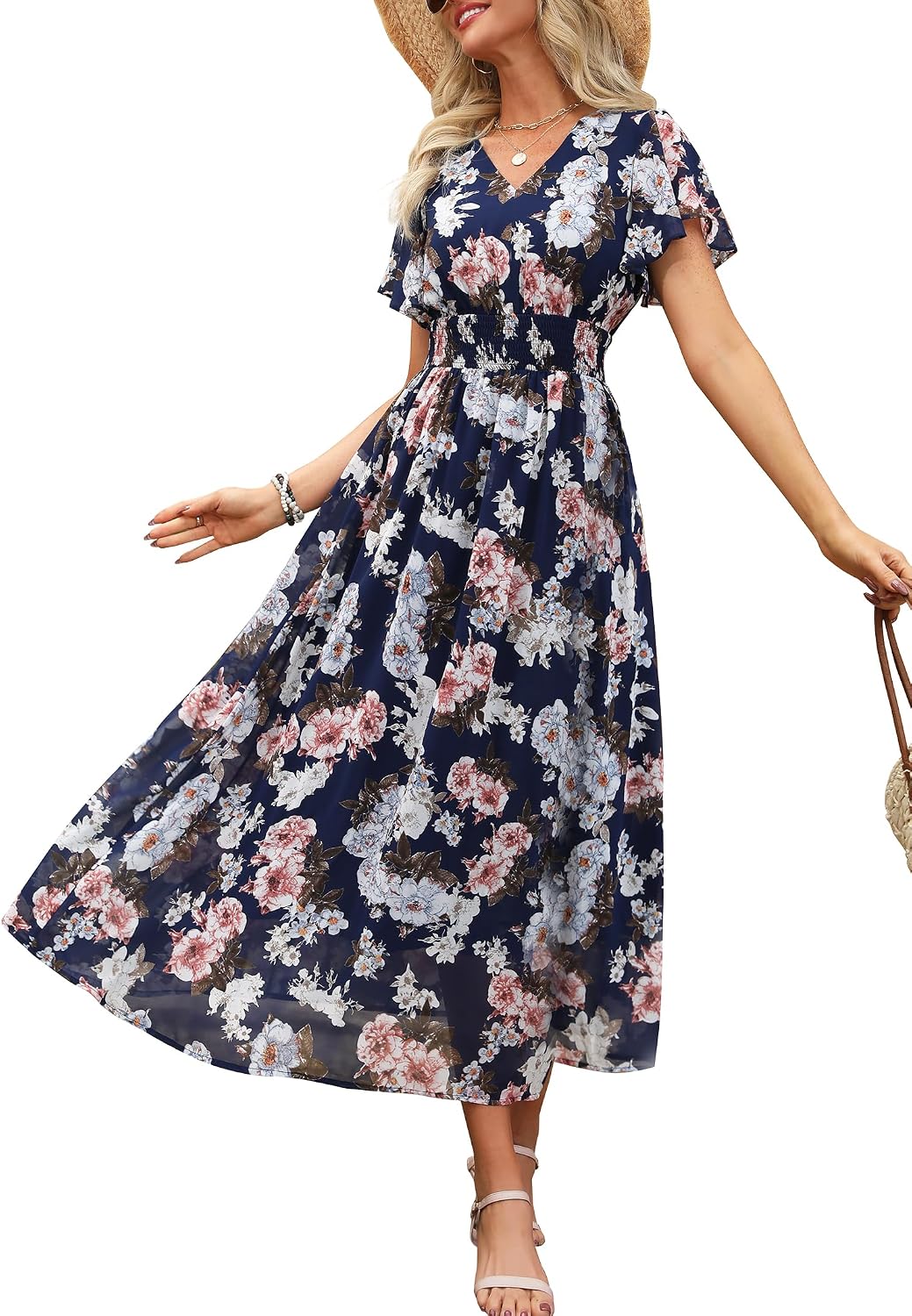 ANRABESS Womens Summer Floral Maxi Dress Casual V Neck Short Sleeve Chiffon Boho Flowy Beach 2026 Wedding Guest Long Dresses