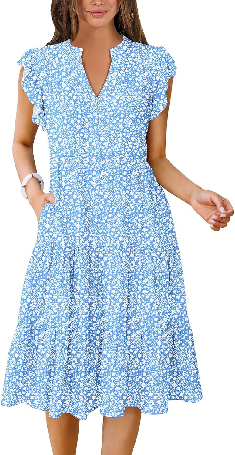 ANRABESS Womens Summer Dress Ruffle Sleeve V Neck Midi Dresses | Flowy Tiered Boho Beach Sundress, Casual Fit Knee Length, Fashion Vacation Work Outfits 2026