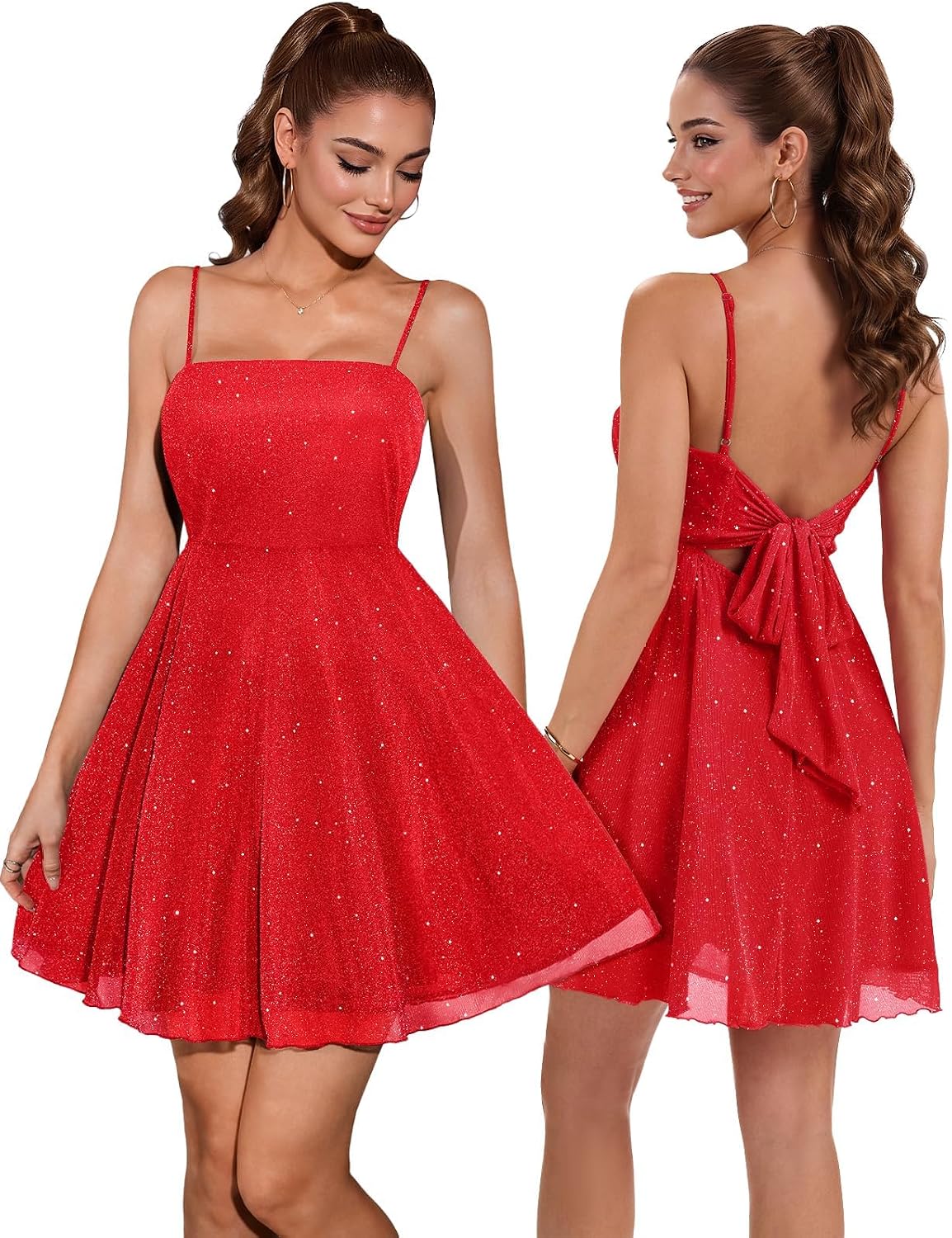 DRESSTELLS Sparkly Short Homecoming Dress, Bow Tie Back for Cocktail Party | 3-layer Puffy Aline, Fit Flare for Teens, Adjustable Straps, Semi formal for Women