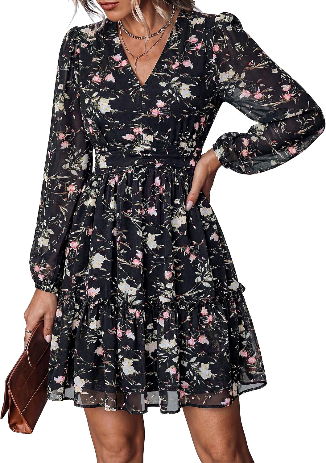 PRETTYGARDEN Women Floral Long Sleeve Mini Dress Fall Wedding Guest Dresses | Short Chiffon Dress, Boho Style, V Neck, Fit & Flare, Ruffle A-Line, Elegant Holiday Party, Baby Shower, Date Night Outfits