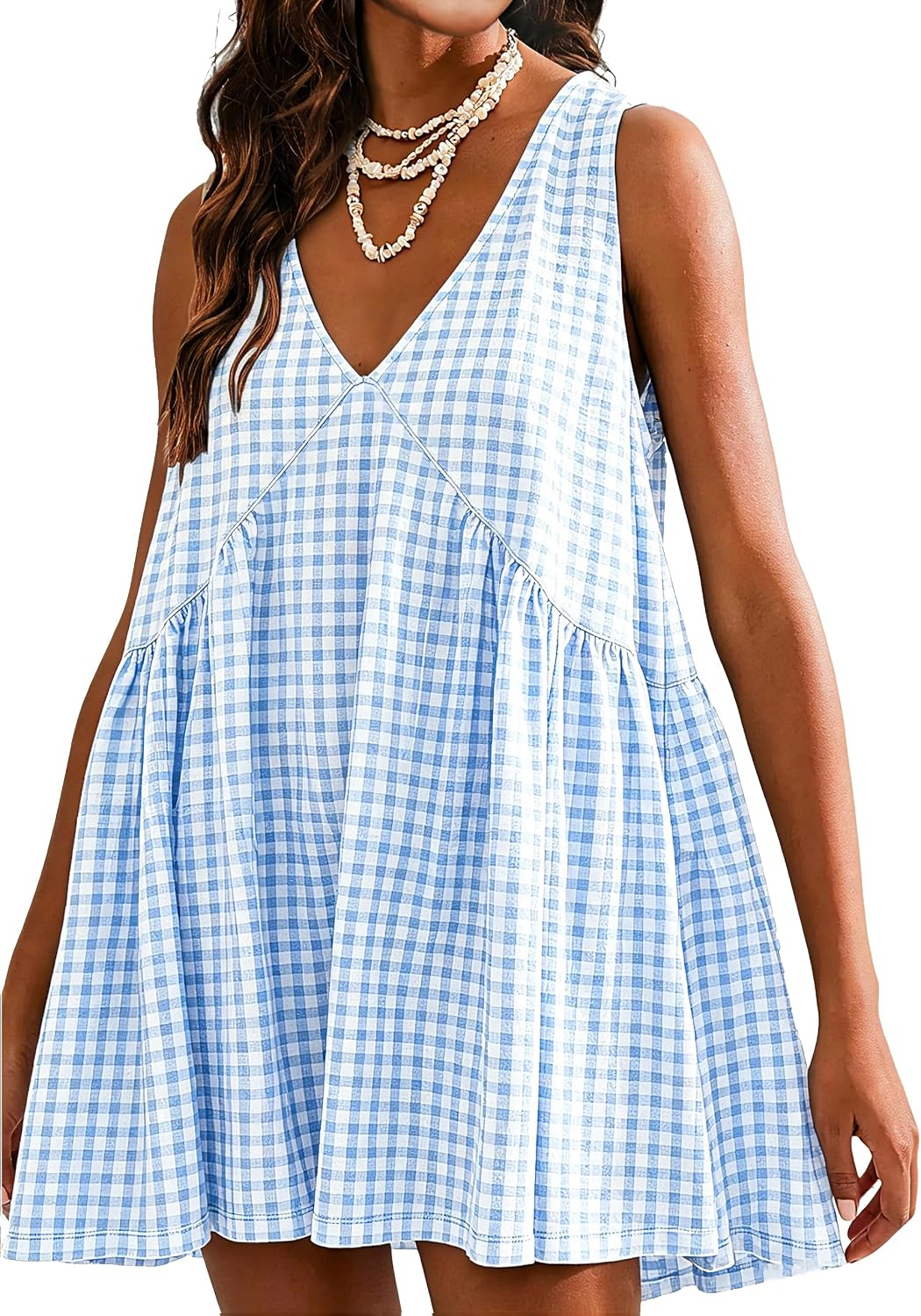 Tomosc Sleeveless Mini Dress for Women 2026 Summer Casual V Neck Sundress Loose Babydoll Dress with Pockets