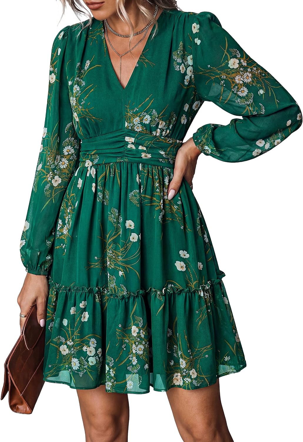 PRETTYGARDEN Women Floral Long Sleeve Mini Dress Fall Wedding Guest Dresses | Short Chiffon Dress, Boho Style, V Neck, Fit & Flare, Ruffle A-Line, Elegant Holiday Party, Baby Shower, Date Night Outfits