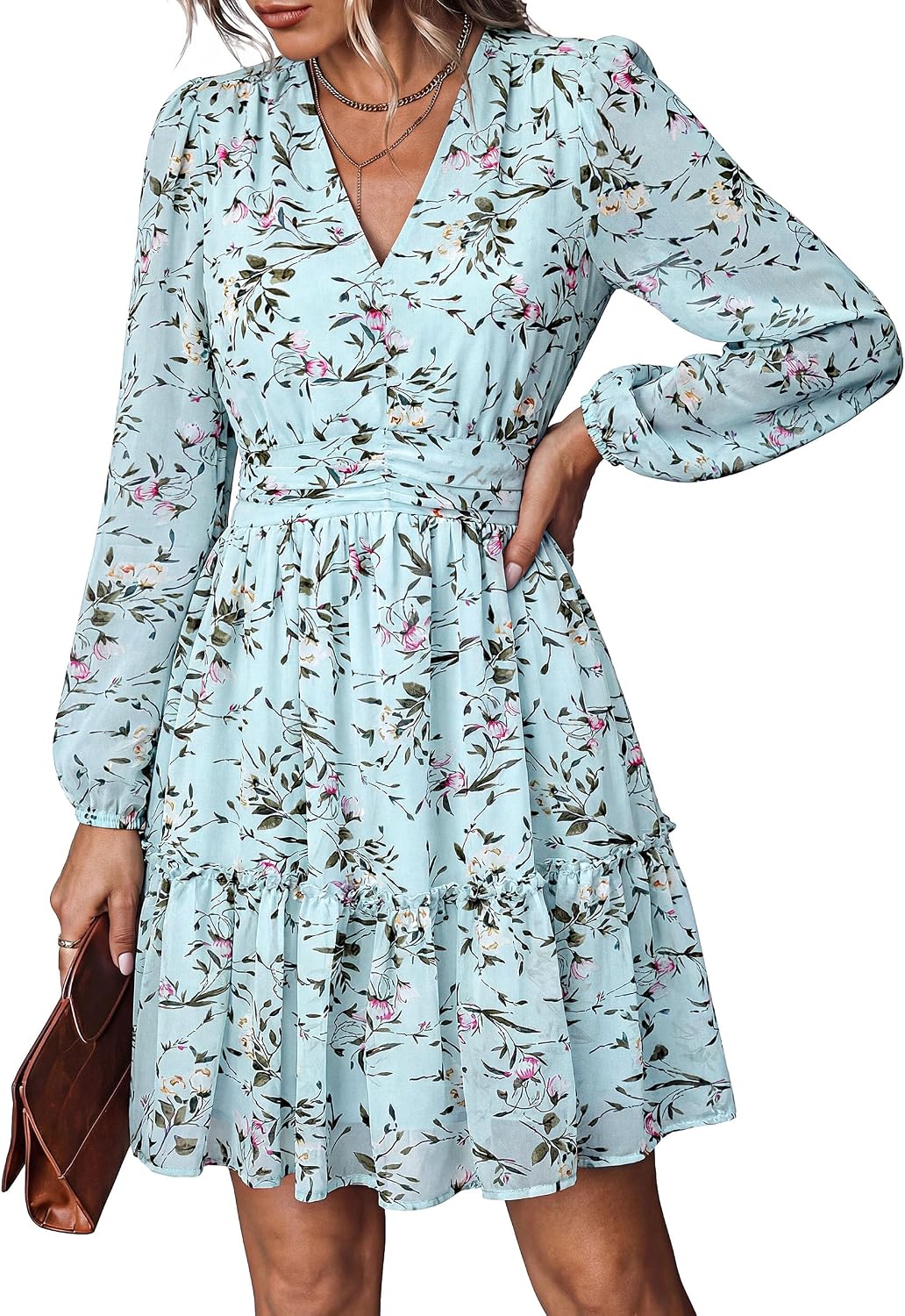 PRETTYGARDEN Women Floral Long Sleeve Mini Dress Fall Wedding Guest Dresses | Short Chiffon Dress, Boho Style, V Neck, Fit & Flare, Ruffle A-Line, Elegant Holiday Party, Baby Shower, Date Night Outfits