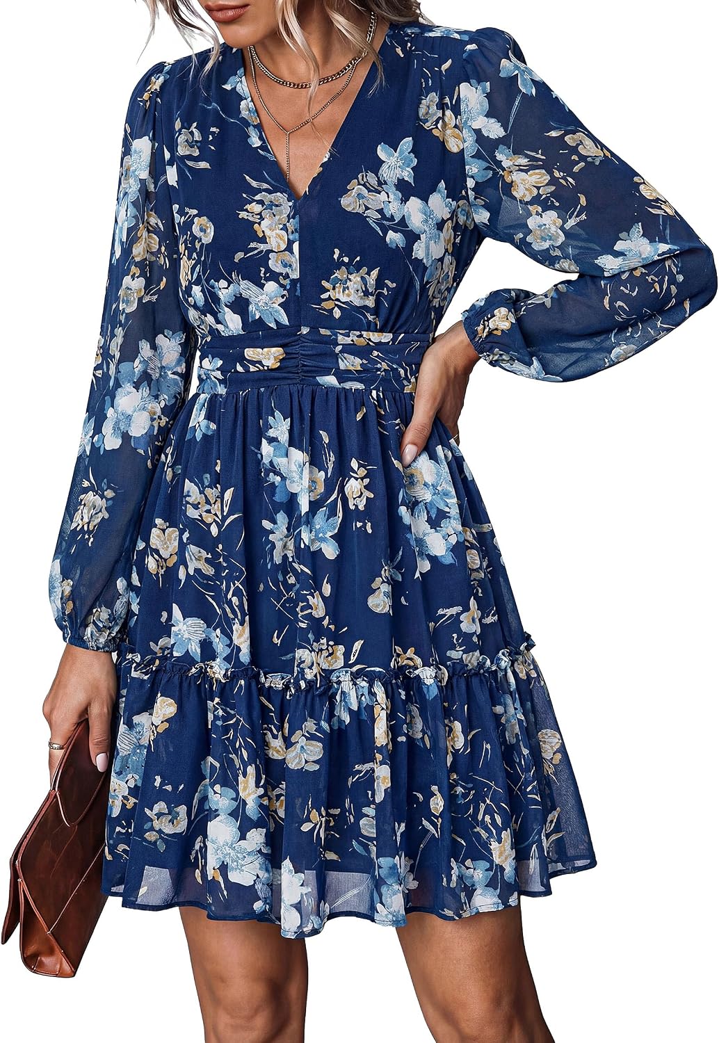 PRETTYGARDEN Women Floral Long Sleeve Mini Dress Fall Wedding Guest Dresses | Short Chiffon Dress, Boho Style, V Neck, Fit & Flare, Ruffle A-Line, Elegant Holiday Party, Baby Shower, Date Night Outfits