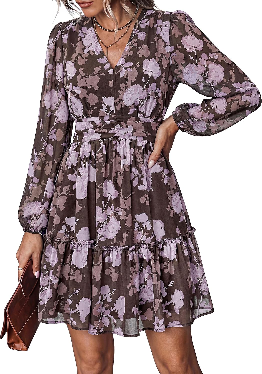 PRETTYGARDEN Women Floral Long Sleeve Mini Dress Fall Wedding Guest Dresses | Short Chiffon Dress, Boho Style, V Neck, Fit & Flare, Ruffle A-Line, Elegant Holiday Party, Baby Shower, Date Night Outfits