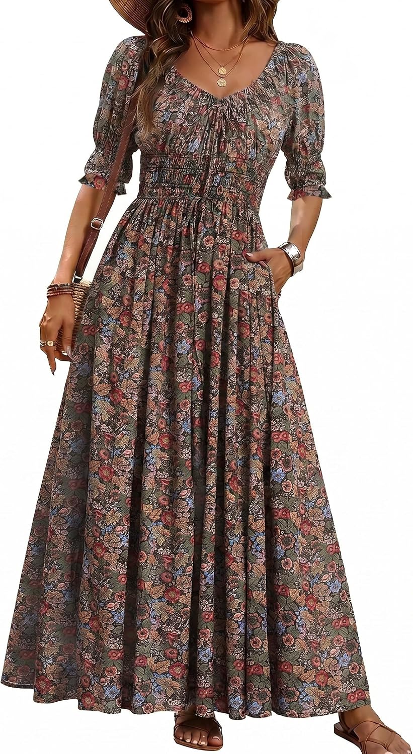 LEYRASON Women's Boho Floral Puff Sleeve Maxi Dress with Pockets | Scoop Neck Short Sleeve, A Line, Smocked Tie Long Flowy Dresses, Beach Vacation, Wedding Guest, Spring Summer Fall Outfits